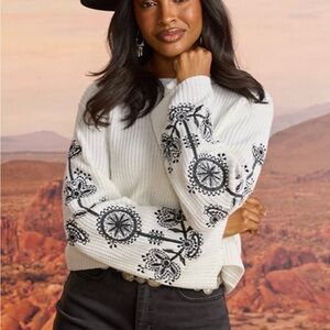Francesca's Collections White Sweater with Black Embroidery